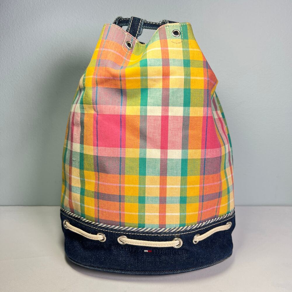 Vintage Y2K Tommy Hilfiger Denim Plaid Bucket Bag Shoulder Purse Plaid Preppy